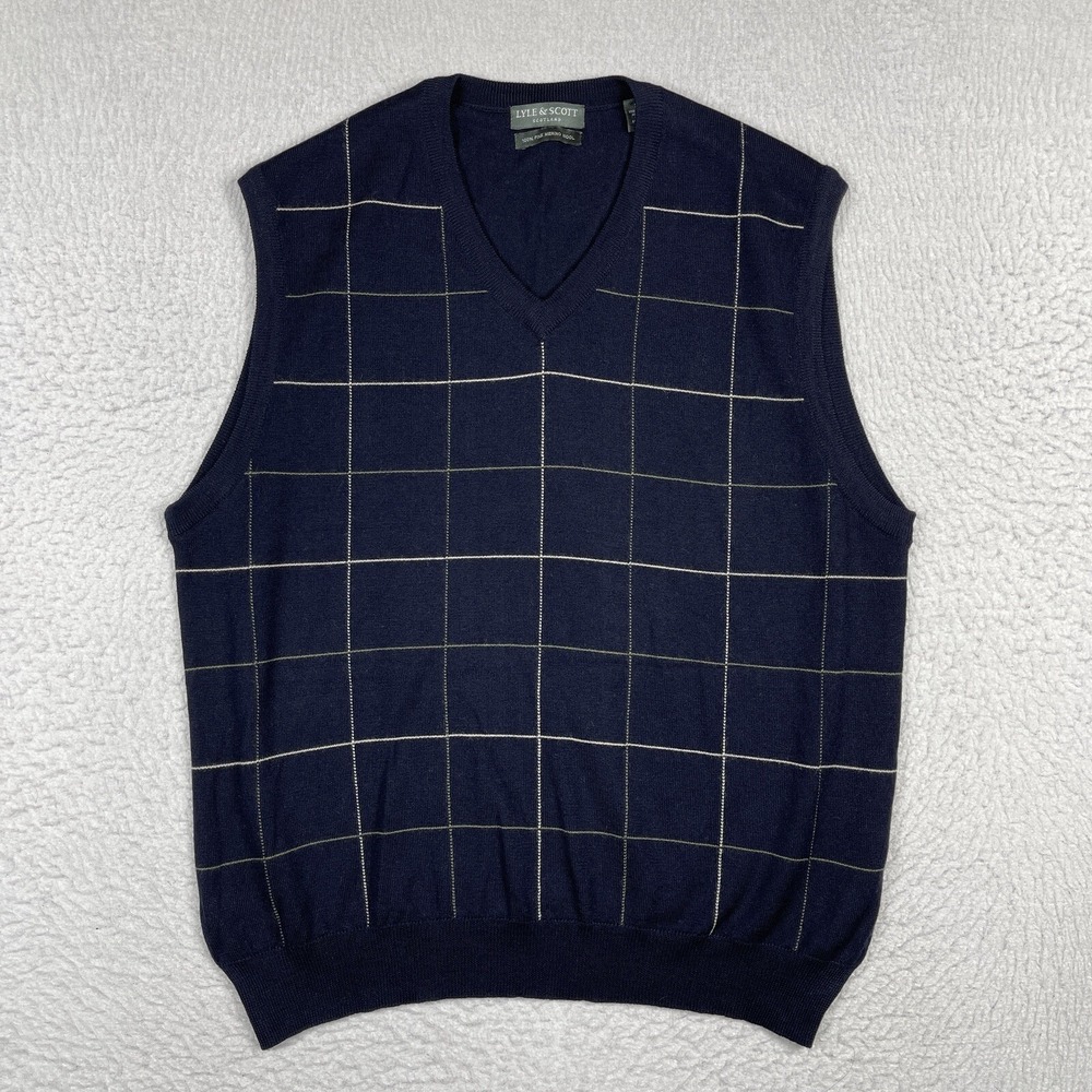 Lyle & Scott Sweater Mens Medium Fine Merino Wool Vest Plaid Preppy Dad Workwear